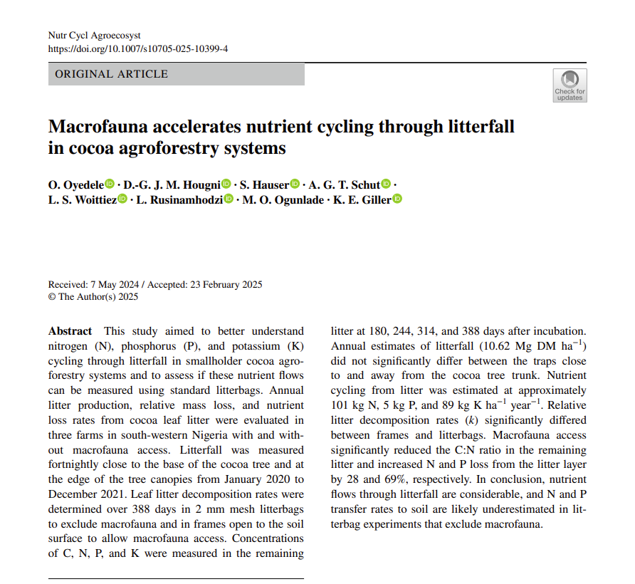 🚀🚀🚀I am excited to share our latest publication: Macrofauna accelerates nutrient cycling through litterfall in cocoa agroforestry systems! 🌱🍫

Check it out here: link.springer.com/article/10.100…

#NutrientCycling #Agronomy #SoilScience