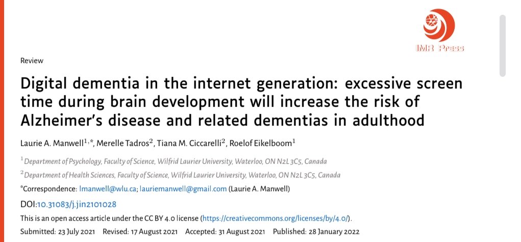 DavidMackeyDPT's tweet image. Digital Dementia
Excessive screen time may be linked to immediate &amp;amp; long-term cognitive deficits &amp;amp; decline due to reduced brain volume (especially during development). This may lead to a 2-4x greater risk of dementia into adulthood
imrpress.com/journal/JIN/21…
pmc.ncbi.nlm.nih.gov/articles/PMC84…
