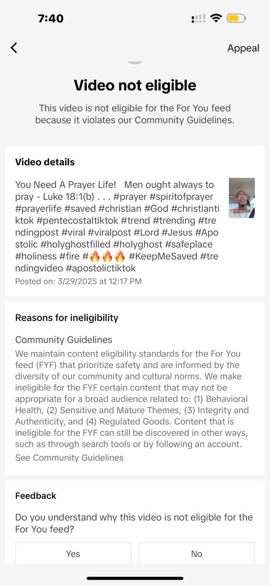 TerrelleJackson's tweet photo. @tiktok @tiktok_us Please help me understand how a video about prayer violates the terms and is seen as not being safe … please help me understand that… https://t.co/D4EsJRUcaV