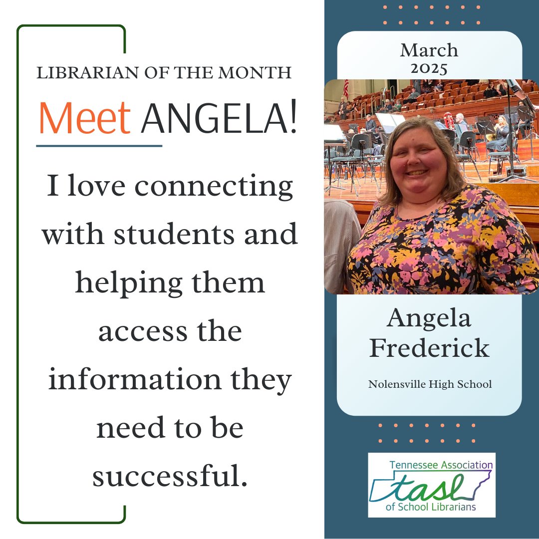 Please join us in congratulating the March TASL Librarian of the  Month, Angela Frederick! Bravo!