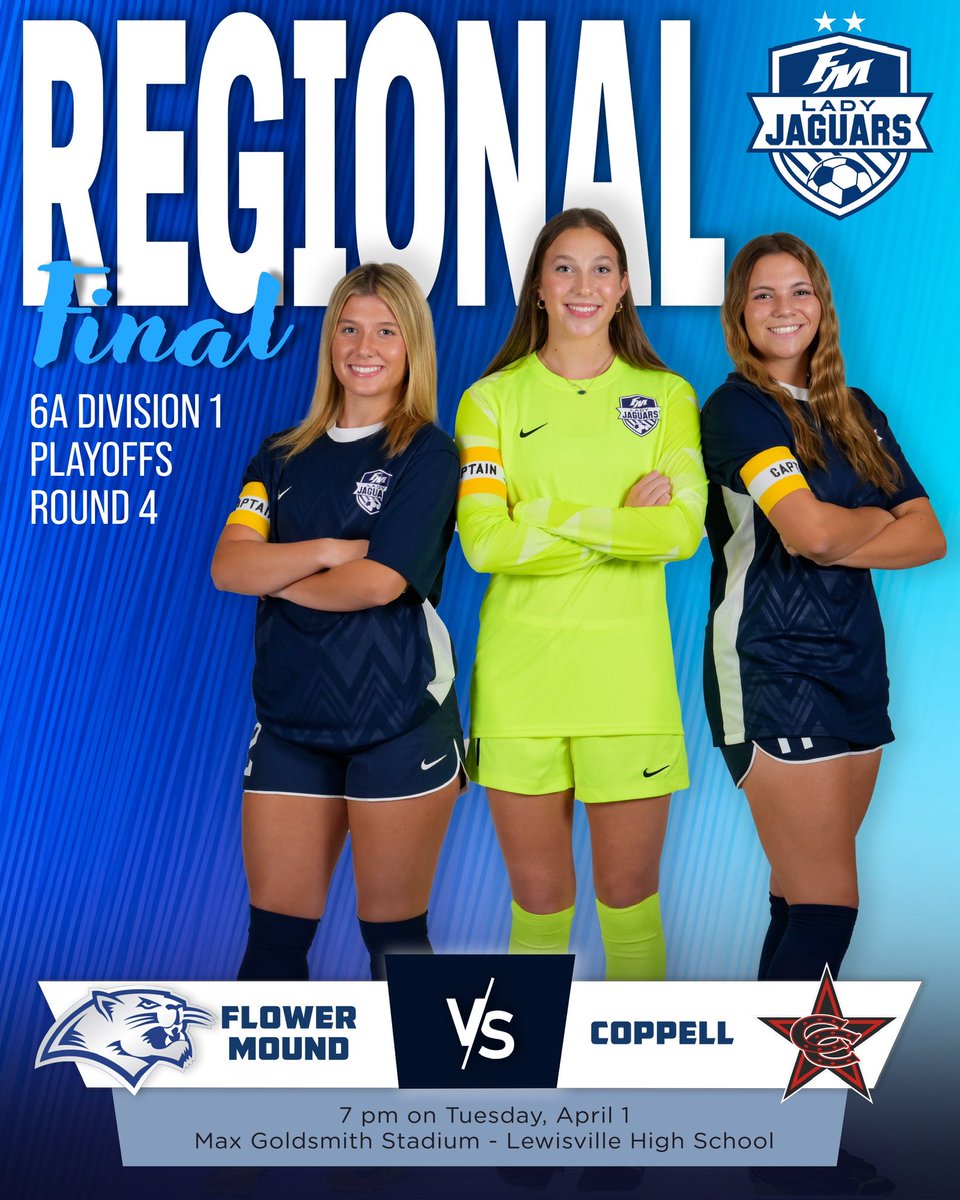 FMHS Lady Jags Soccer (@fmladyjagsoccer) on Twitter photo ROUND 4๏ธโฃ of 6A D1  SOCCER PLAYOFFS! 
๐ Regional Final
๐
 Tuesday, 4/1 - 7 PM
๐ Max Goldsmith Stadium, Lewisville High School
๐ Coppell
We need Jag Nation to bring the energy! Letโs pack the stands, get loud, and cheer on our girls ๐๐
GO JAGS! ROUND 4๏ธโฃ of 6A D1  SOCCER PLAYOFFS! 
๐ Regional Final
๐
 Tuesday, 4/1 - 7 PM
๐ Max Goldsmith Stadium, Lewisville High School
๐ Coppell
We need Jag Nation to bring the energy! Letโs pack the stands, get loud, and cheer on our girls ๐๐
GO JAGS!