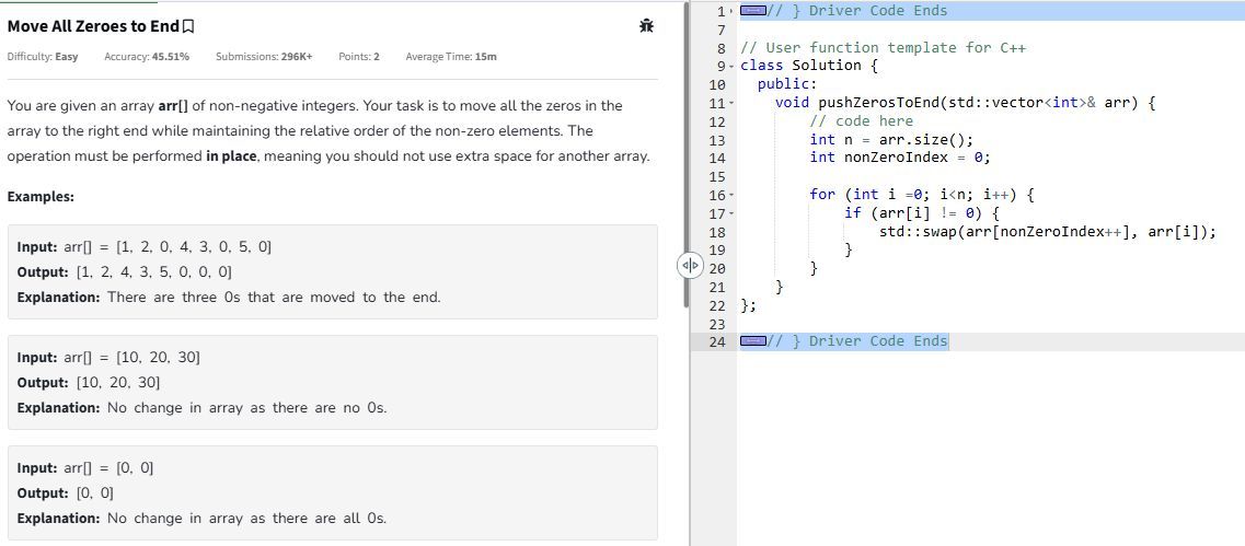 byteincode's tweet photo. Day 2 of DSA Challenge – Moving Forward🔥

Today’s challenge: Move All Zeroes to the End 💡
✔️ In-place solution with O(n) time complexity
✔️ Maintains the relative order of non-zero elements
✔️ Uses a two-pointer approach for efficiency

 #gfg160 #geekstreak2025 https://t.co/Hb4iy1CLpY