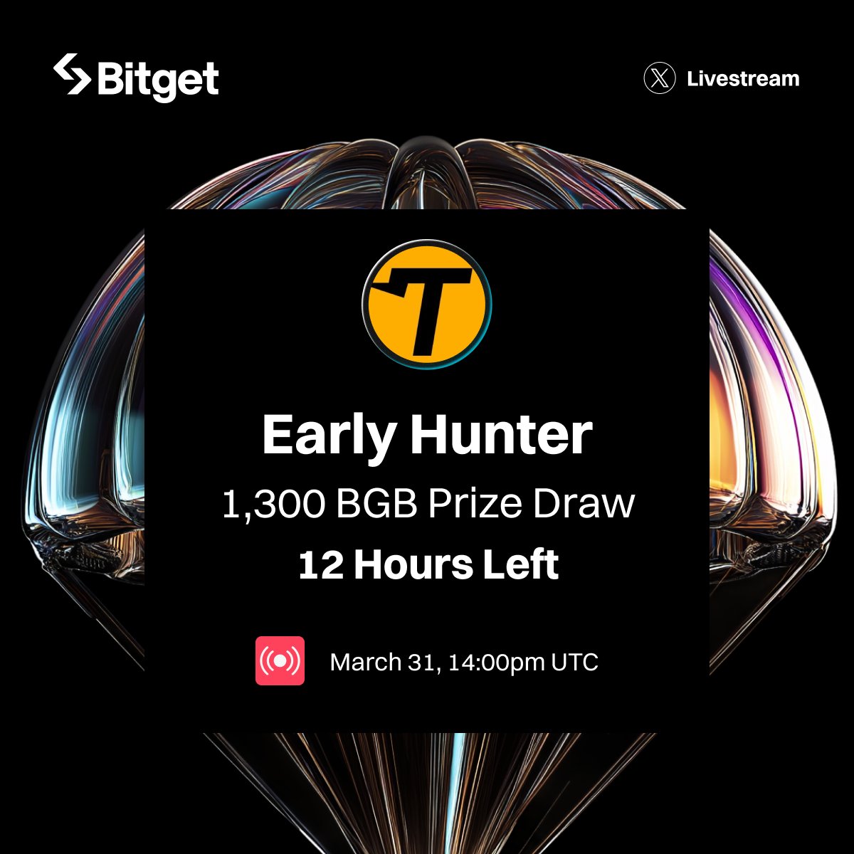 bitget's tweet photo. Only 12 hours left before the livestream of Early Hunter prize draw starts 🚨

Trade $TUT before 10:00 am (UTC) today to be eligible to win 1,000 BGB grand prize! 💰 @tutorialtoken

📅 Mar 31, 14:00 (UTC)
📍 Live on @bitgetglobal

More: https://t.co/El33DNrYZJ

#BitgetEarlyGems #BitgetSpot