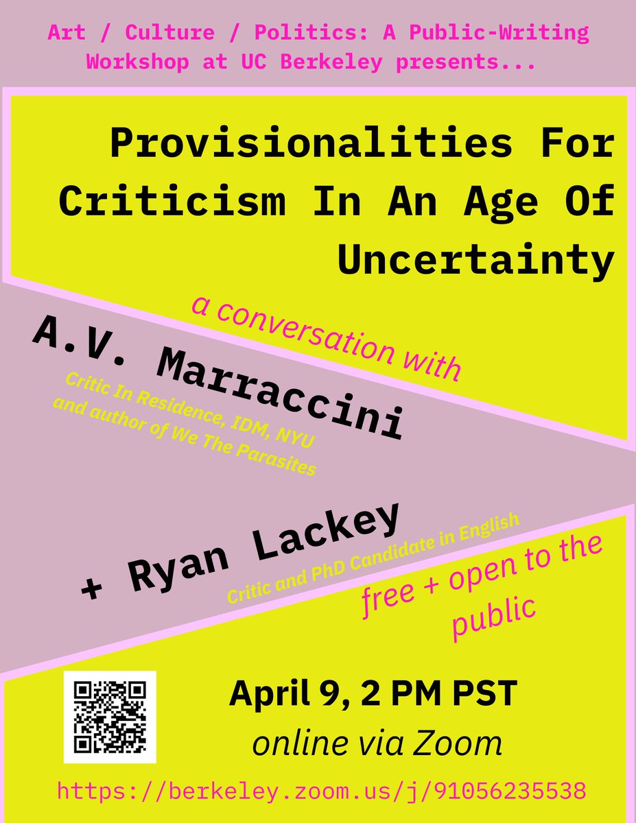 A.V. Marraccini (@saintsoftness) on Twitter photo I've had this happen in other venues, but I promise I've already told <a href="/rlackey15/">Ryan Lackey</a> and the grad student public writing workshop at Berkeley that I absolutely WILL be talking about the necessity of talking about Gaza, among other duties of the critic as public intellectual. Join us: I've had this happen in other venues, but I promise I've already told <a href="/rlackey15/">Ryan Lackey</a> and the grad student public writing workshop at Berkeley that I absolutely WILL be talking about the necessity of talking about Gaza, among other duties of the critic as public intellectual. Join us: