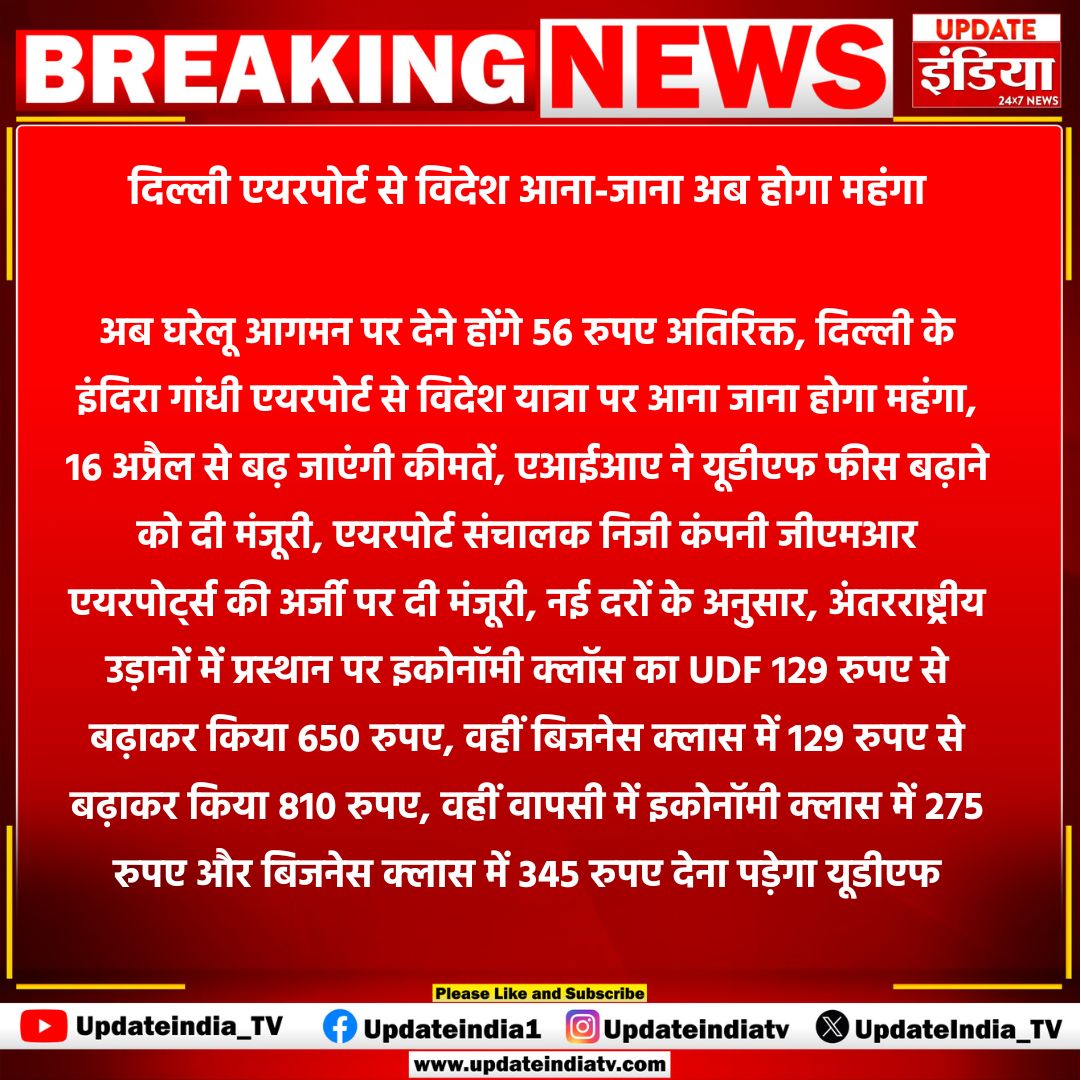 UpdateIndia_TV's tweet image. दिल्ली एयरपोर्ट से विदेश आना-जाना अब होगा महंगा
#DelhiAirport #FlightFareHike #InternationalTravel #AviationNews #UDFCharges #TravelUpdates #updateindia #topnews #latestnews @DelhiAirport @BJP4Delhi