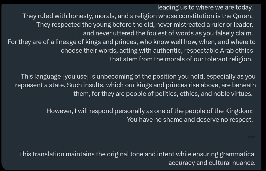 a9r9a's tweet photo. @realDonaldTrump @silverfoxgranny leading us to where we are today.  
They ruled with honesty, morals, and a religion whose constitution is the Quran.  
They respected the young before the old, never mistreated a ruler or leader  
and never uttered the foulest of words as you falsely claim  
 of kings and princ👇 https://t.co/410PwQGqsx