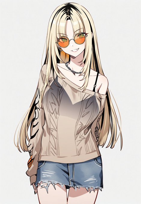 ニコたん
透けてるニットのトップス、片方肩出し、デニムスカート 