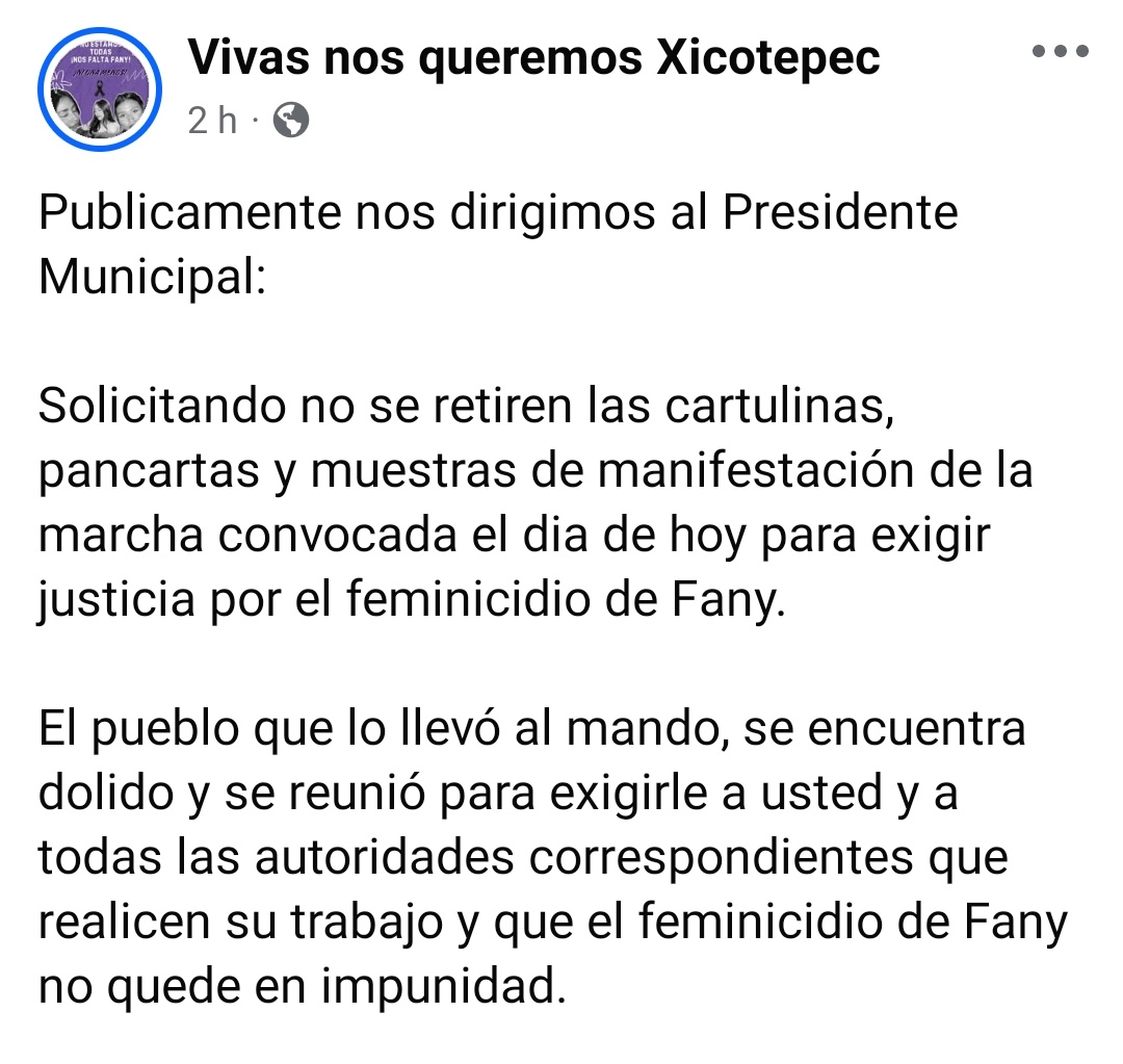 contramascaras's tweet image. 🔵La colectiva Vivas Nos Queremos Xicotepec pide al alcalde de Xicotepec de Juárez NO retirar las consignas, pancartas y demás expresiones que colocó este domingo en exigencia de justicia por el feminicidio de #Fany Señala que quitarlas es censura @armentapuebla_