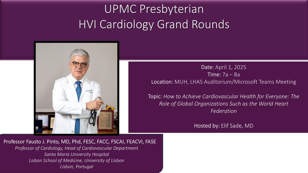 Fausto Pinto (@fjpinto1960) on Twitter photo I am very much looking forward to giving Grand Rounds <a href="/UPMC/">UPMC</a> Presbyterian in Pittsburgh next Tuesday. What a pleasure and an honor. Special thanks to my dear friend and colleague Dr. Elif Sade. <a href="/ulssanta_maria/">ULS Santa Maria</a> <a href="/FUlisboa/">Faculdade de Medicina ULisboa</a> I am very much looking forward to giving Grand Rounds <a href="/UPMC/">UPMC</a> Presbyterian in Pittsburgh next Tuesday. What a pleasure and an honor. Special thanks to my dear friend and colleague Dr. Elif Sade. <a href="/ulssanta_maria/">ULS Santa Maria</a> <a href="/FUlisboa/">Faculdade de Medicina ULisboa</a>