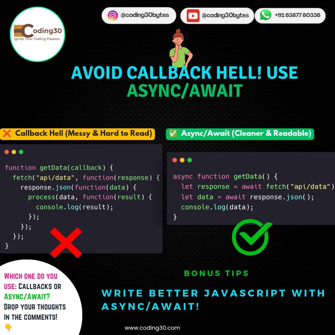 im_coding30's tweet image. Tag a developer who still struggles with callbacks! 💻
🔁 Save this post for later!
❤️ Double-tap if you love clean code
Follow me for more codes, tips and tricks
#javascript #asyncawait #webdevelopment #codingtips #cleancode #programminglife #softwaredeveloper #coder