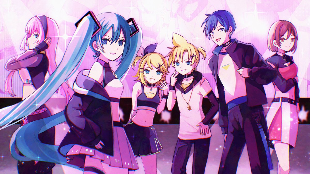 初音ミク ,鏡音レン ,鏡音リン ,カイト(ボーカロイド) ,巡音ルカ ,メイコ(VOCALOID) 「キラキラファッションショー 」|和黄(わこ)のイラスト