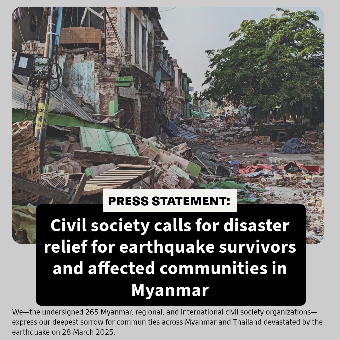 We urge the UN, neighboring countries, and the wider international community to remember Myanmar’s painful history of the military’s manipulation of aid in times of natural disasters, and act resolutely to protect

Read &gt; tinyurl.com/y4xw7tkw
#Myanmar #athan #MyanmarEarthquake