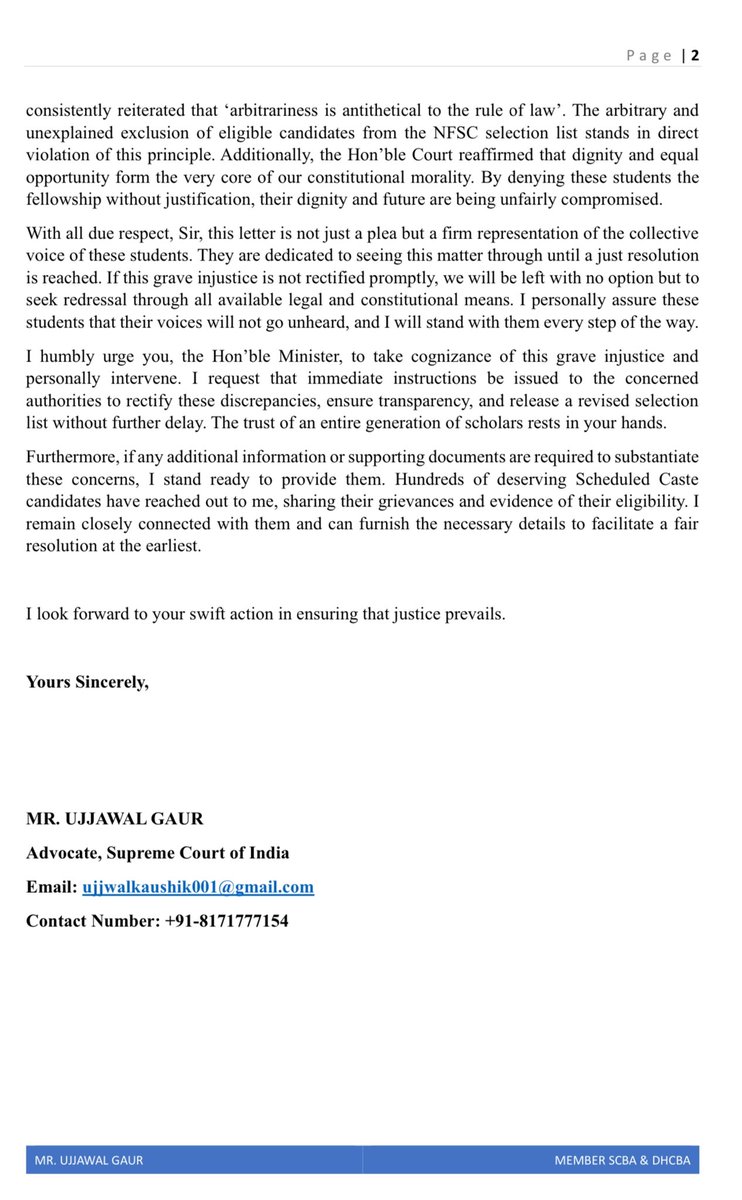 Hundreds of Scheduled Caste Ph.D. scholars denied NFSC Fellowship despite clearing the cutoff!

Addressed a letter to the Hon’ble Minister <a href="/Drvirendrakum13/">Dr. Virendra Kumar</a> &amp; <a href="/RamdasAthawale/">Ramdas Athawale</a> ji requesting immediate intervention to rectify grave injustice.

#NFSC #SocialJustice #ScholarshipForSC