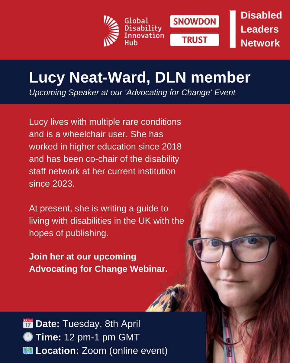 📢 Join the Disabled Leaders Network for an empowering session on Advocating for Change! 

Lucy, a member from the DLN, will be offering her insights and practical advice on pushing for change, particularly within universities and higher education.