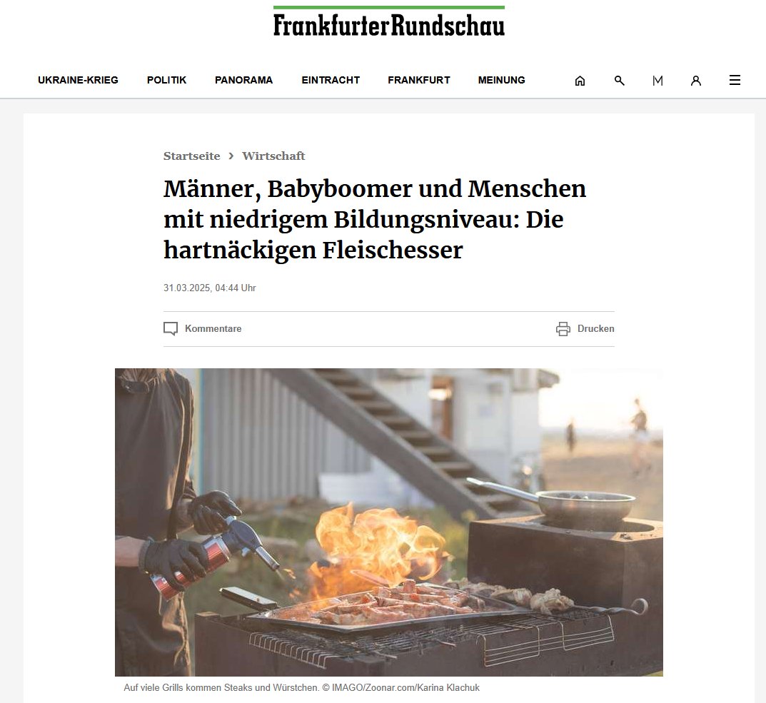 Dieses überhebliche moralisieren der @FR ist typisch Deutsch. Wenn ihr nur Körner fressen wollt, macht es, aber lasst andere damit in Ruhe.

Darauf einen gemischten Kebabgrillteller.

fr.de/wirtschaft/die…