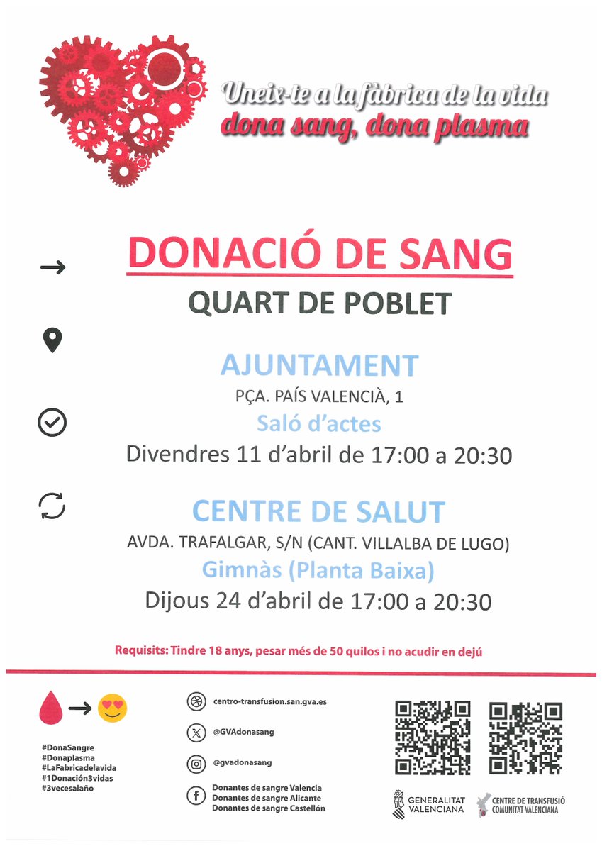 Donació de sang mes d'abril:
Divendres 11 d'abril en el saló d'actes de l'ajuntament de Quart de Poblet en horari de 17.00 a 20.30 hores.
Dijous 24 d'abril en el gimnàs del centre de salut en horari de 17.00 a 20.30 hores.