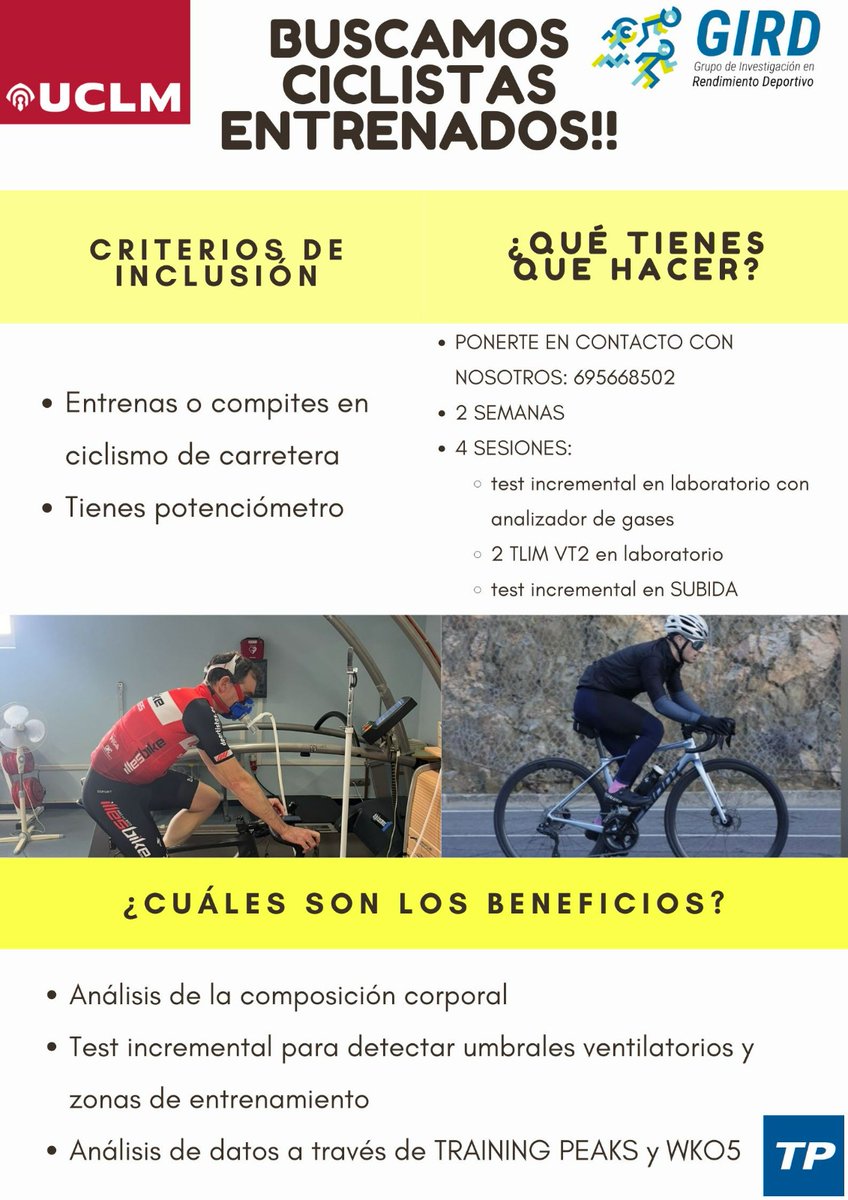 ¿Te gustaría participar en un estudio de investigación para ciclistas?
📷 Si vives en Toledo o cerca de Toledo (España) y cumples con los criterios de inclusión, ponte en contacto con nosotros. 👇