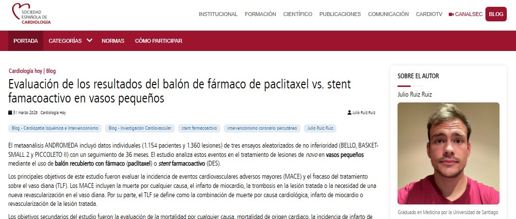 Soc Esp Cardiología (@secardiologia) on Twitter photo .<a href="/Julioruizru/">Julio Ruiz</a>: “El estudio ANDROMEDA respalda el uso de balones recubiertos como estrategia alternativa en la revascularización de lesiones en vasos pequeños, aunque se requieren estudios de mayor seguimiento”. #BlogSEC <a href="/JovenesSec/">JóvenesSEC</a> ow.ly/XO9I50VrlU8 .<a href="/Julioruizru/">Julio Ruiz</a>: “El estudio ANDROMEDA respalda el uso de balones recubiertos como estrategia alternativa en la revascularización de lesiones en vasos pequeños, aunque se requieren estudios de mayor seguimiento”. #BlogSEC <a href="/JovenesSec/">JóvenesSEC</a> ow.ly/XO9I50VrlU8