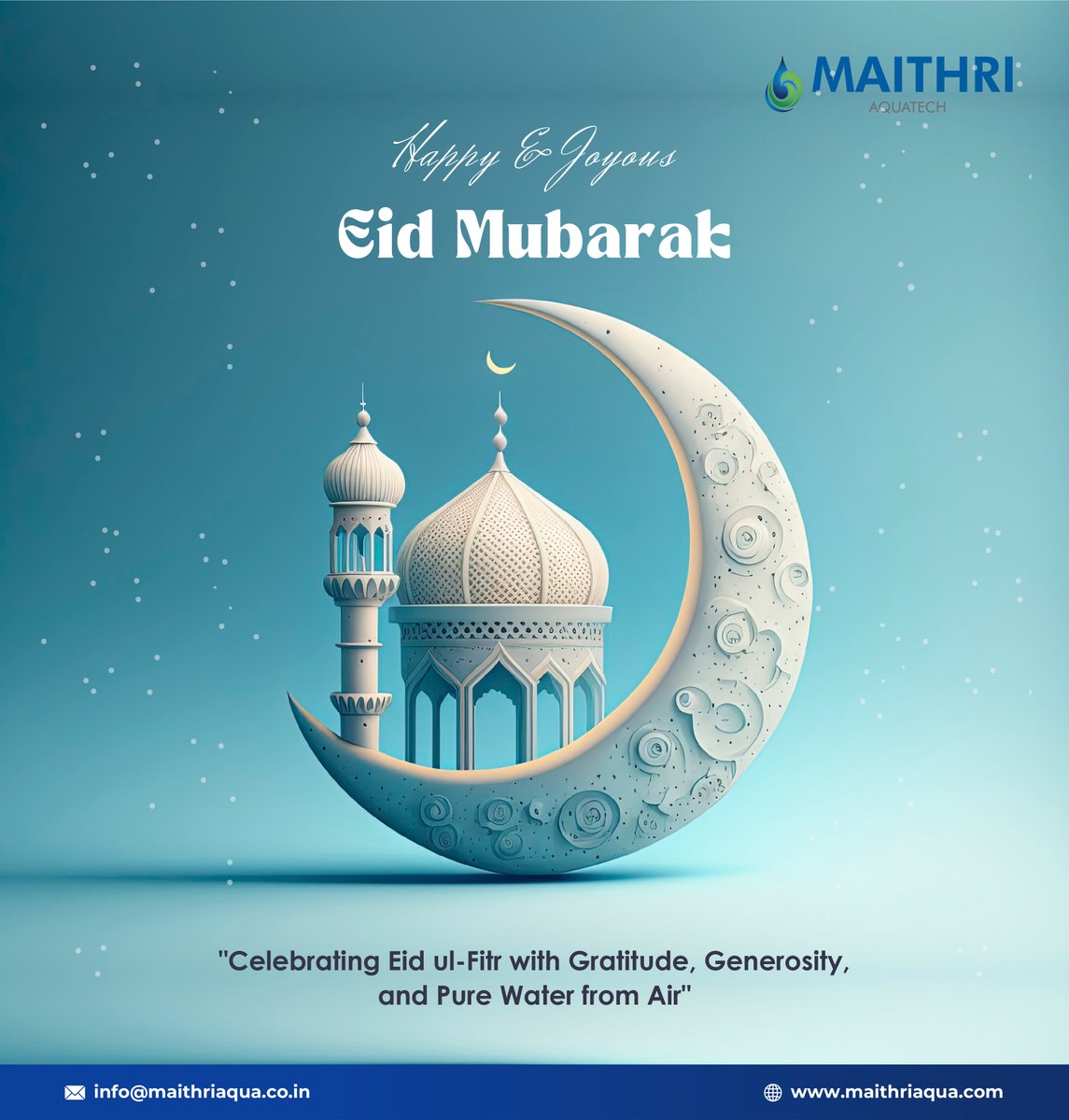 Eid Mubarak from all of us at Maithri Aquatech! 🌙✨ As we celebrate Eid ul-Fitr, let's embrace the values of gratitude, generosity and spiritual renewal, striving for purity in our actions.

Visit maithriaqua.com for more

#eïdmubarak #purewaterfromair #Sustainability