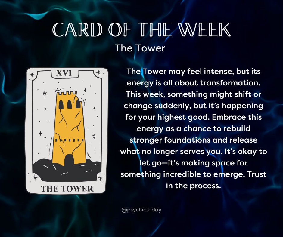 PsychicToday's tweet image. Trust the process 💫

#cardoftheweek #angelcard #tarotcard #tarotreading #angel #angelguidance #majoracrcana #thetower