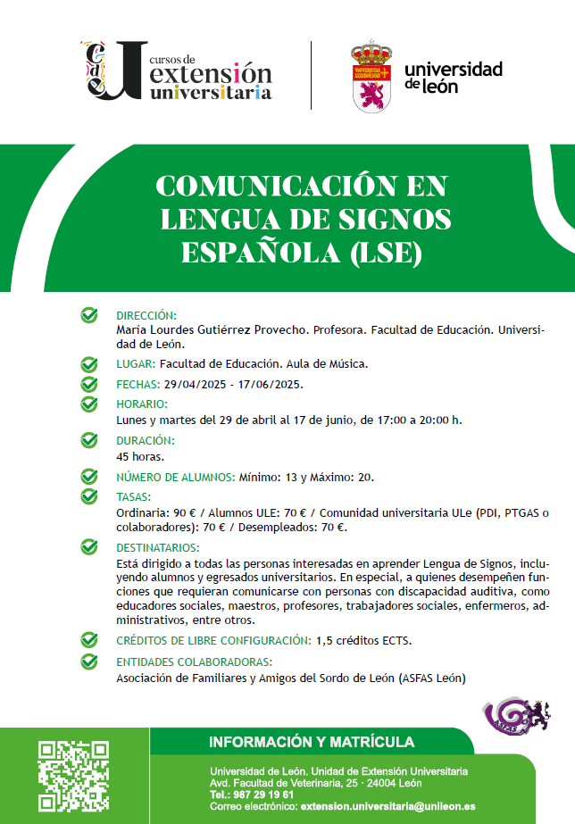 AsfasLeon's tweet photo. Abierto el plazo de inscripción para el curso de Comunicación en Lengua de Signos Española (LSE).
Las inscripciones se realizan a través del siguiente enlace:
https://t.co/OQeU5sqhfX https://t.co/u326Vw6ABG