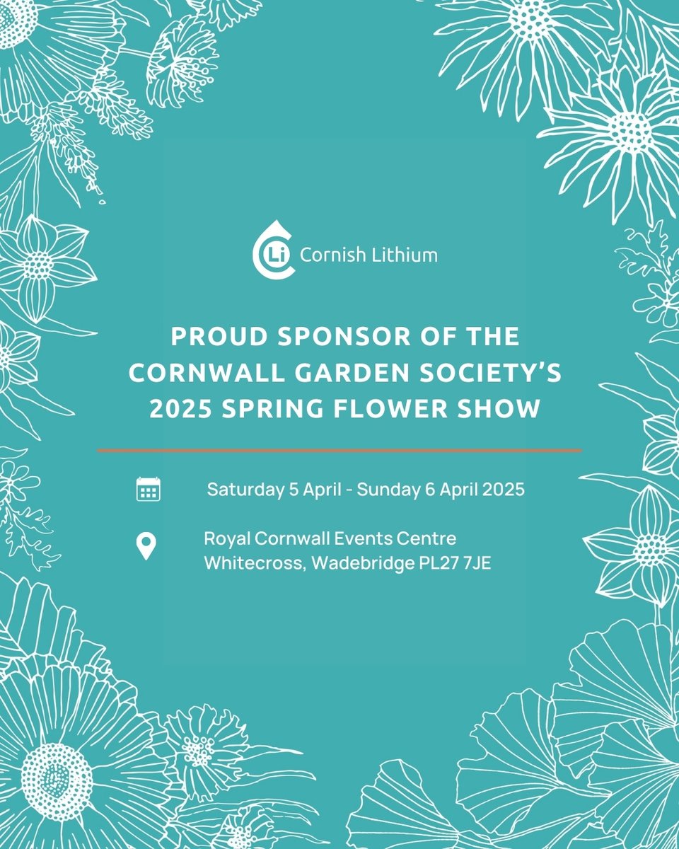 CornishLithium's tweet photo. We’re pleased to sponsor the Spring Flower Show at the Royal Cornwall Showground (5-6th April). Visit our stand to meet our team and discover more about our lithium extraction projects.
Tickets are on sale now! We look forward to seeing you there. 🌸
#SpringFlowerShow https://t.co/cM3yP9jW69