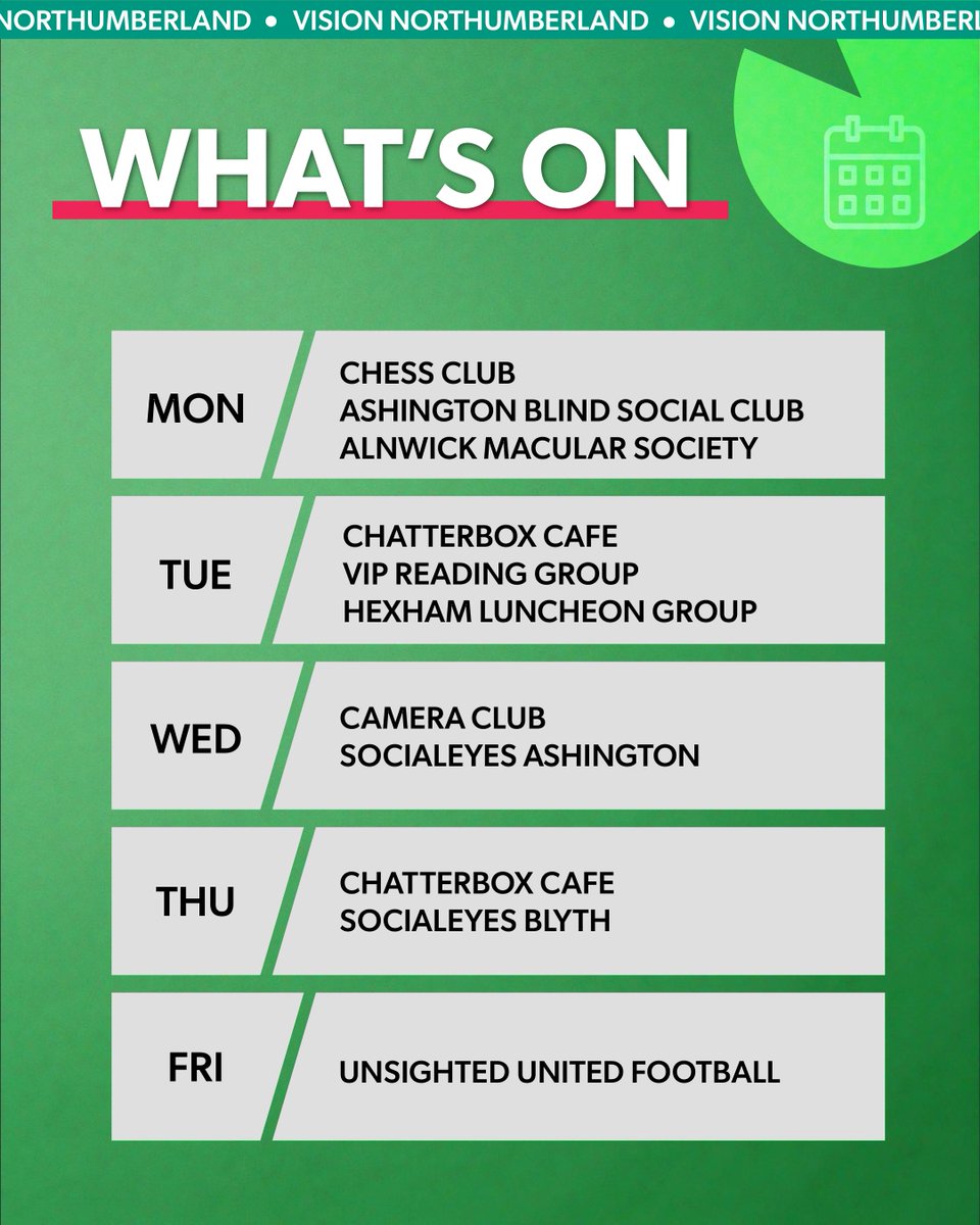 🌟 WHAT’S ON THIS WEEK 🌟
Whether you fancy a coffee, a good book, or a kickabout, we’ve got something for you. ☕📖⚽

Come along, get involved, and make some new friends! 💚

For more info DM or call 01670 514316. 📞

#VisionNorthumberland #Community #JoinUs