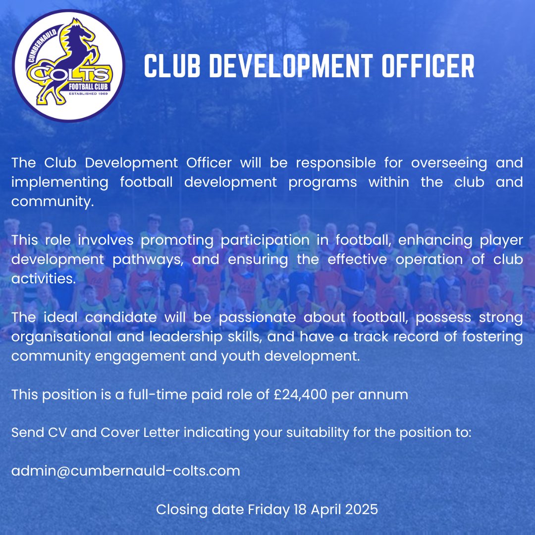 Cumbernauld Colts Community Football Club (@officialccolts) on Twitter photo Work for the SFA Grassroots 'Community Club of the Year'
Help shape the future direction of Cumbernauld Colts Football Club
If you wish to apply, please send CV and Cover Letter by Friday 18 April
โ๏ธadmin@cumbernauld-colts.com
Job Description here bit.ly/4c9p7Kh Work for the SFA Grassroots 'Community Club of the Year'
Help shape the future direction of Cumbernauld Colts Football Club
If you wish to apply, please send CV and Cover Letter by Friday 18 April
โ๏ธadmin@cumbernauld-colts.com
Job Description here bit.ly/4c9p7Kh
