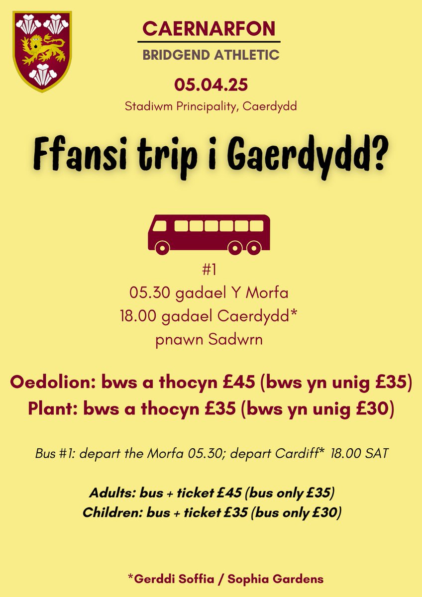 rygbicaernarfon's tweet image. ⚠️RHYBUDD: NID FFŴL EBRILL
Mond £35.00 i Gaerdydd ac adre

⚠️WARNING: NOT APRIL FOOL
Only £35.00 Cardiff return
…b-rygbi-caernarfon-cyf.sumupstore.com