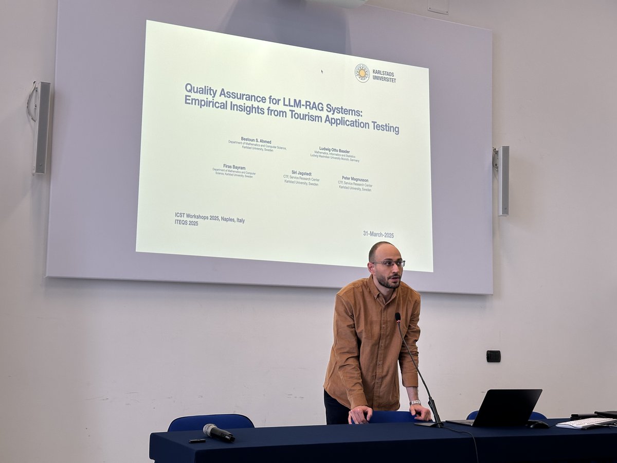 Happening now at ITEQS'25: Firas is presenting their paper on "Quality Assurance for LLM-RAG Systems: Empirical Insights from Tourism Application Testing."