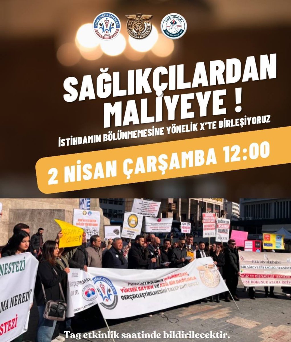 2 Nisan saat 12.00’de, Maliye Bakanlığına yönelik olarak istihdamın bölünmemesi konusunda bir basın açıklaması yapılacaktır.

Aynı gün, 2 Nisan Çarşamba saat 12.00’de, hem Maliye Bakanlığına hem de Sağlık Bakanlığına yönelik olarak X sosyal medya platformu üzerinden istihdamın