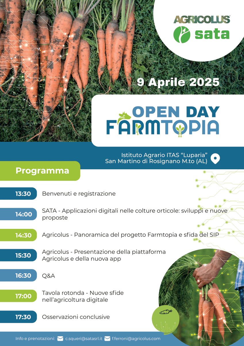 🥕 Mercoledì 9 aprile appuntamento con l'Open Day dedicato al progetto <a href="/Farmtopia_EU/">Farmtopia</a>, organizzato con SATA! 
🌱 Durante l’evento verranno approfondite le tecnologie impiegate nel progetto, che punta a rendere più accessibili gli strumenti digitali anche ai piccoli agricoltori.