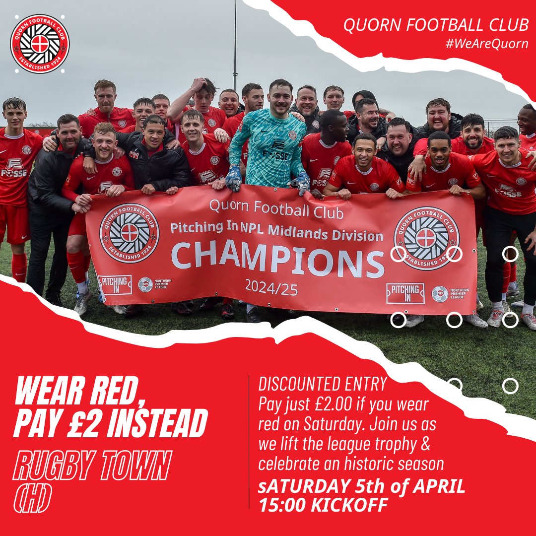 WEAR RED, PAY £2 INSTEAD! We're being presented with the trophy following our match vs Rugby on Saturday (3pm KO). To mark this historic occasion, we're offering supporters the chance to join us as we celebrate this incredible season.

#WeAreQuorn #TheMethodists⛪️ #TheReds🟥
