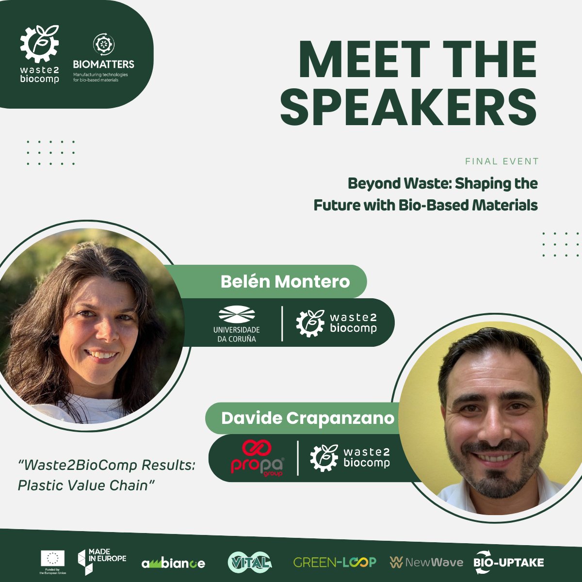 💡 Meet the Speakers: Belén Montero &amp; Davide Crapanzano 💡

Belén Montero &amp; Davide Crapanzano will present #W2BC Results: Plastic Value Chain. Discover how bio-based plastics can reshape the plastics industry! 🌱

🔗 Register: forms.gle/y9tjifoHmvZWUE…