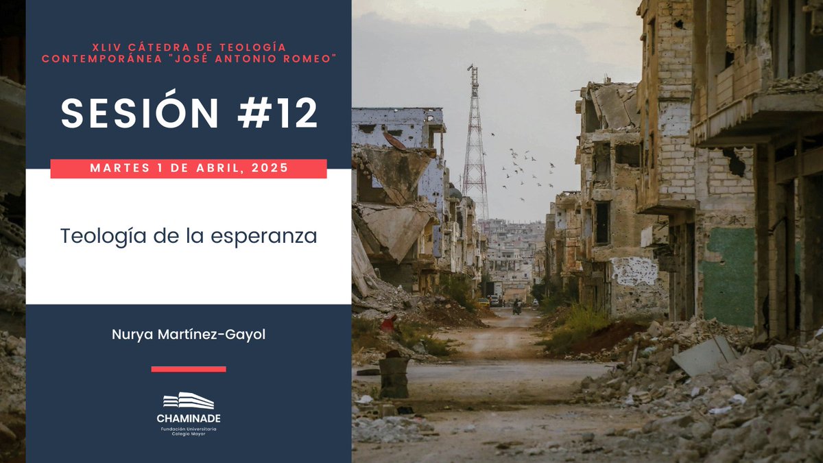 CMU Chaminade (@cmuchaminade) on Twitter photo ✝️ #CátedraDeTeología 👉 Esta semana celebramos la última sesión de la Cátedra 2024-2025. Lo haremos de la mano de Nurya Martínez-Gayol, profesora de teología en <a href="/UCOMILLAS/">Universidad Pontificia Comillas</a>.
🎙️ Conferencia "Teología de la esperanza"
🗓️ Martes 1 de abril
⏰ 19:30h
📍 Capilla del #CMUChaminade ✝️ #CátedraDeTeología 👉 Esta semana celebramos la última sesión de la Cátedra 2024-2025. Lo haremos de la mano de Nurya Martínez-Gayol, profesora de teología en <a href="/UCOMILLAS/">Universidad Pontificia Comillas</a>.
🎙️ Conferencia "Teología de la esperanza"
🗓️ Martes 1 de abril
⏰ 19:30h
📍 Capilla del #CMUChaminade