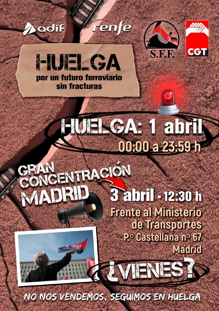 CGT Sector Federal Ferroviario (@sffcgt) on Twitter photo 📢 ¡Este martes vamos a #huelga! Y el jueves nos concentramos en el ministerio de <a href="/transportesgob/">Ministerio Transportes y Movilidad Sostenible</a> a las 12:30. No permitiremos que se firmen acuerdos que pongan en riesgo a la plantilla de <a href="/Renfe/">Renfe</a> y <a href="/Adif_es/">Adif</a>. #Lucha por tu futuro. #HuelgaRenfe #HuelgaAdif <a href="/oscar_puente_/">Óscar Puente</a> <a href="/Transxte/">🚉Álvaro F Heredia🚅🚈🚂</a> 📢 ¡Este martes vamos a #huelga! Y el jueves nos concentramos en el ministerio de <a href="/transportesgob/">Ministerio Transportes y Movilidad Sostenible</a> a las 12:30. No permitiremos que se firmen acuerdos que pongan en riesgo a la plantilla de <a href="/Renfe/">Renfe</a> y <a href="/Adif_es/">Adif</a>. #Lucha por tu futuro. #HuelgaRenfe #HuelgaAdif <a href="/oscar_puente_/">Óscar Puente</a> <a href="/Transxte/">🚉Álvaro F Heredia🚅🚈🚂</a>