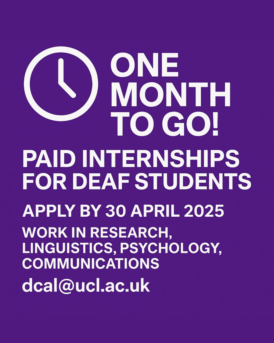 🚨 One month to go
Are you deaf and interested in linguistics, psychology or cognitive neuroscience?
Apply for a paid internship at DCAL, UCL – gain valuable experience at a world-leading research centre.
Deadline: 30 April 2025
👉 ucl.ac.uk/pals/news/2025…