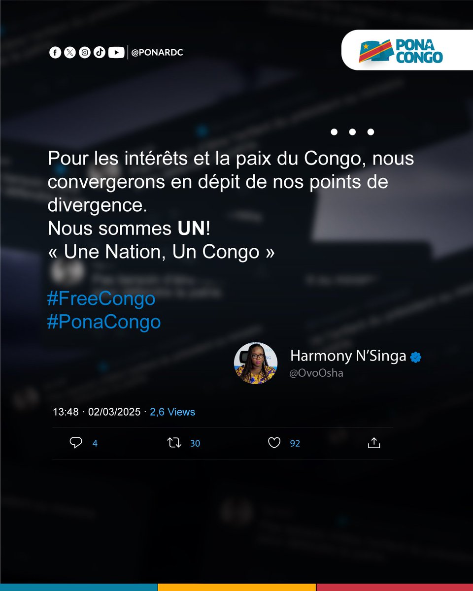 Pona Congo (@ponardc) on Twitter photo Chers compatriotes,
Désormais nous ferons le tour de la toile pour dénicher vos messages patriotiques. Les meilleurs d'entre eux seront repostés sur notre page et leurs auteurs suivis !
Pour plus de visibilité, postez avec le hashtag #PonaCongo 💙💛❤️
Merci <a href="/OvoOsha/">Hαɾɱσɳყ N'ʂιɳɠa</a> 🙏🏾🇨🇩 Chers compatriotes,
Désormais nous ferons le tour de la toile pour dénicher vos messages patriotiques. Les meilleurs d'entre eux seront repostés sur notre page et leurs auteurs suivis !
Pour plus de visibilité, postez avec le hashtag #PonaCongo 💙💛❤️
Merci <a href="/OvoOsha/">Hαɾɱσɳყ N'ʂιɳɠa</a> 🙏🏾🇨🇩