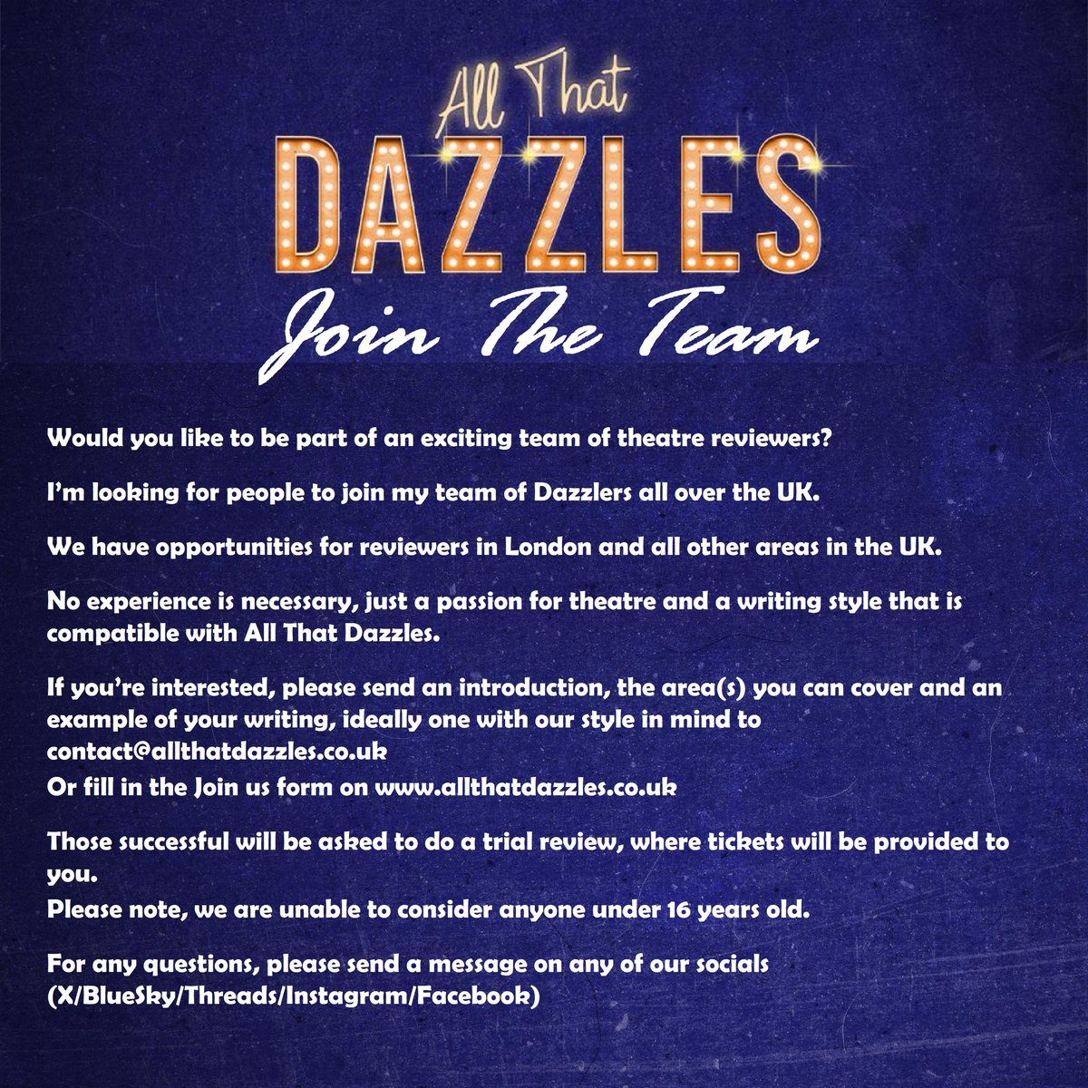 ATDazzles's tweet image. I'm looking for new reviewers to join my team.
Currently looking for people in London & all over the UK
No experience necessary, just passion & a compatible style.
To apply, send an example of your work to contact@allthatdazzles.co.uk or fill out the form:
allthatdazzles.co.uk/join-us