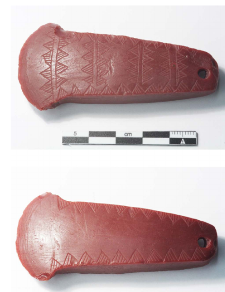 Amber imitation of ornamented British-type Early Bronze Age bronze flat axes. Found at Ejerslev Vang, Mors, NW Jutland (Denmark), c. 2100-1700 BC.
From: Vandkilde et al., 2024, Metal-for-Amber in the European Bronze Age.