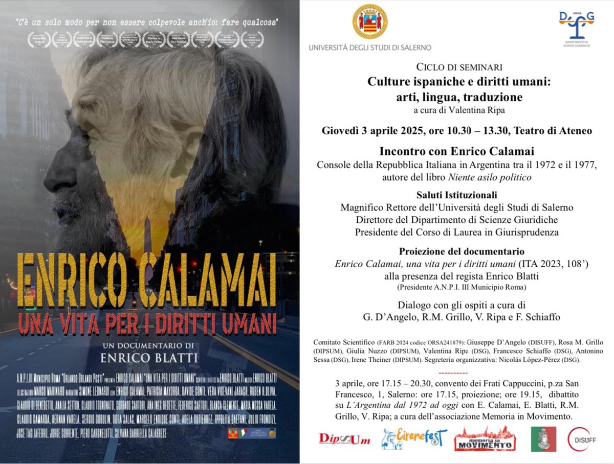 ANPIRomaPosti's tweet photo. 🟥GIOVEDì #3APRILE  2025 ore 10:30 e 17:15
c/o
Università Degli Studi di #Salerno e Convento Frati Cappuccini
Proiezione del documentario "#EnricoCalamai una vita per i diritti umani" di #EnricoBlatti.Seguirà dibattito con vari ospiti.
Saranno presenti l'ex Console ed il regista. https://t.co/Ho4uOYRR67