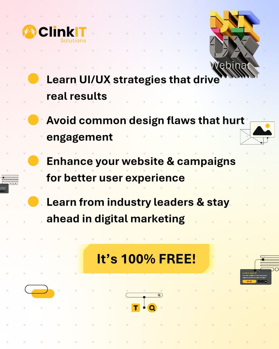 ClinkITph's tweet image. Why You CAN’T Miss This!

Join our FREE webinar to learn how to:
✅ Turn clicks into conversions
✅ Fix costly UX mistakes
✅ Optimize your website for engagement
✅ Gain expert insights from industry leaders

Register now! → clinkitsolutions.com/event/masterin… 

#UIUXWebinar #FreeWebinar