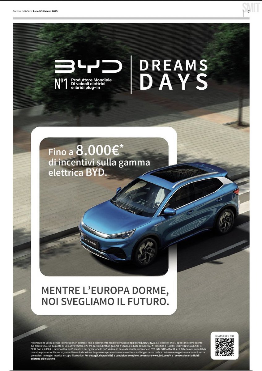 “Il famoso Green deal purtroppo è congegnato in maniera tale da favorire la scomparsa di costruttori europei, una sorta di suicidio assistito”- A.Altavilla, Special advisor per l'Europa di Byd, colosso cinese dell’auto (01/2025)

“Mentre l’Europa dorme” - pubblicità Byd (03/2025)