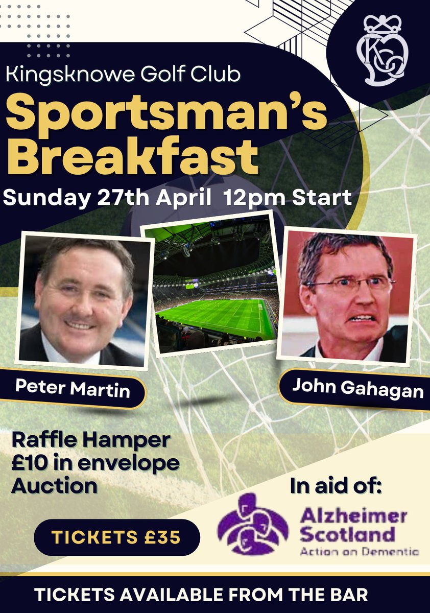 KingsknoweGC's tweet photo. This years annual Sportsman’s Breakfast will be raising funds for Alzheimer Scotland 😁
We have our jam packed hamper one the bar and are selling raffle tickets for £5 per strip.
#itsagoodone #raisingfundstohelpothers #sportsmansbreakfast #morethanagolfclub https://t.co/rtr8cVaXQv