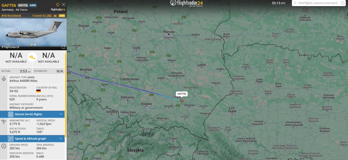 PolishMilRadar's tweet photo. ⌚️31.03  07:15LT

Siły Powietrzne Niemiec🇩🇪
✈️Airbus A400M Atlas "54+02"
#GAF756 zniżanie
🛫Hannover #EDDV
🛬Rzeszów #EPRZ
🔗https://t.co/4xKGvn3y8P

#POLMILRADAR https://t.co/kO1qRUw6b7