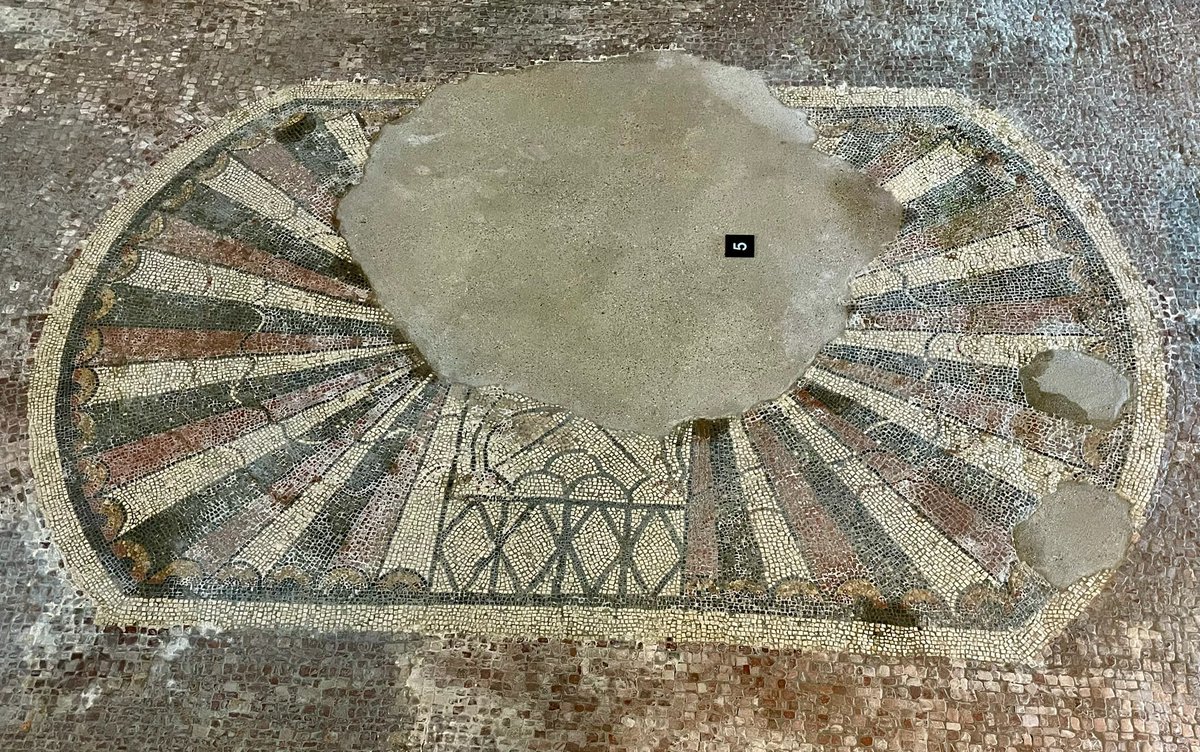 KPW1453's tweet photo. The ‘Shell Mosaic’ from Fishbourne Roman Palace in West Sussex. Dating from the mid-third century AD, the mosaic depicts two scallop shells either side of the central panel. 📷 My own. #MosaicMonday #RomanBritain #RomanArchaeology #Fishbourne https://t.co/FwDdv9vWU3