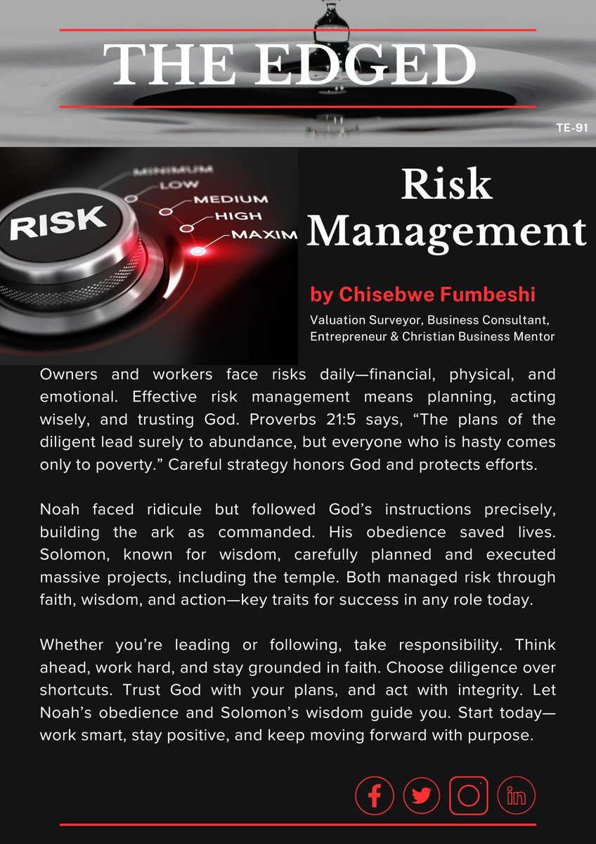 C_Fumbeshi's tweet photo. Risk Management

Owners and workers face risks daily—financial, physical, and emotional. Effective risk management means planning, acting wisely, and trusting God.

#Thrivingworkplace #TheEdged #ChristianBusinessMentor #ChisebweFumbeshi https://t.co/vh12Uvvm4s