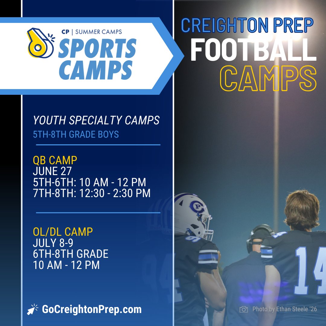 Creighton Prep Admissions (@gocreightonprep) on Twitter photo A handful of options for you if you're interested in Prep Football camps this summer! Starting in 2nd grade, QB or OL/DL camps & even a Friday Night Lights session! Learn more & register with our Jr. Jays today.
π GoCreightonPrep.com
<a href="/CPFootball17/">Creighton Prep FB</a> <a href="/LittleJaysFB/">Little Jays Football</a> A handful of options for you if you're interested in Prep Football camps this summer! Starting in 2nd grade, QB or OL/DL camps & even a Friday Night Lights session! Learn more & register with our Jr. Jays today.
π GoCreightonPrep.com
<a href="/CPFootball17/">Creighton Prep FB</a> <a href="/LittleJaysFB/">Little Jays Football</a>