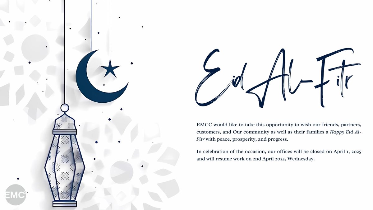EMCC_2012's tweet photo. EMCC would like to take this opportunity to wish our friends, partners, customers, and our community, as well as their families, a Happy Eid Al-Fitr with peace, prosperity, and progress. https://t.co/WpjJqGbEAL