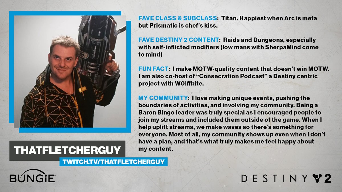 When he's not ⚡Thundercrashing⚡ his enemies, @ThatFletcherGuy attempts challenges in raid and dungeon content.

If you want to join an uplifting Destiny 2 community, pop by Fletcher's stream for a fun time!

📺twitch.tv/thatfletcherguy